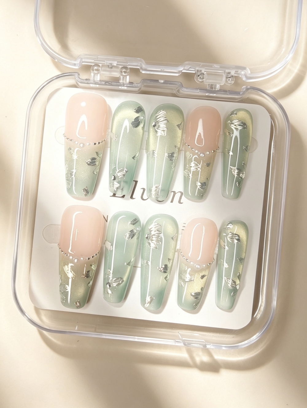 Light Green With Floral And Pearls Handmade PressOn Nails Long Coffin